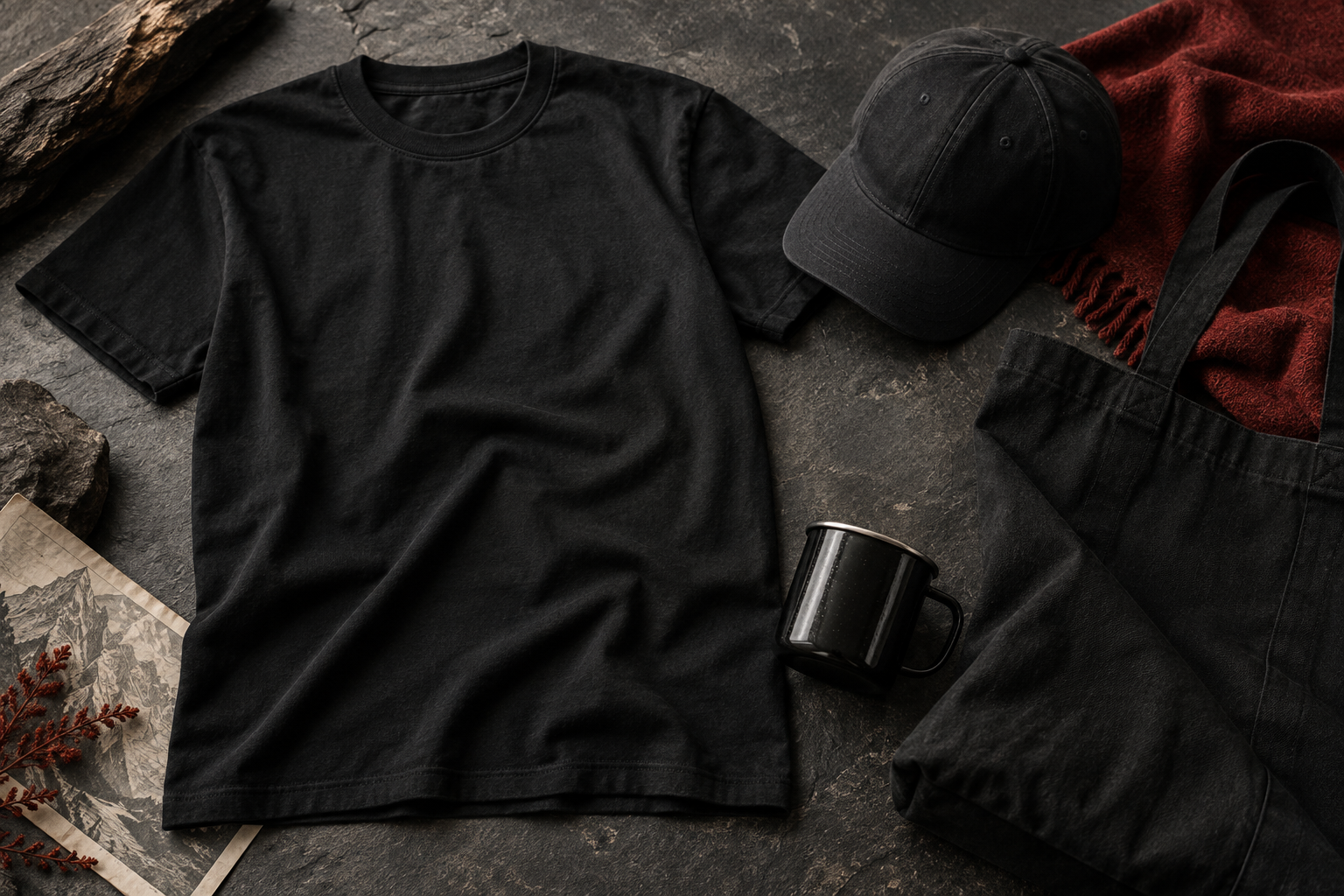 Black T-shirt, cap, canvas tote and enamel travel mug arranged as a premium story collection